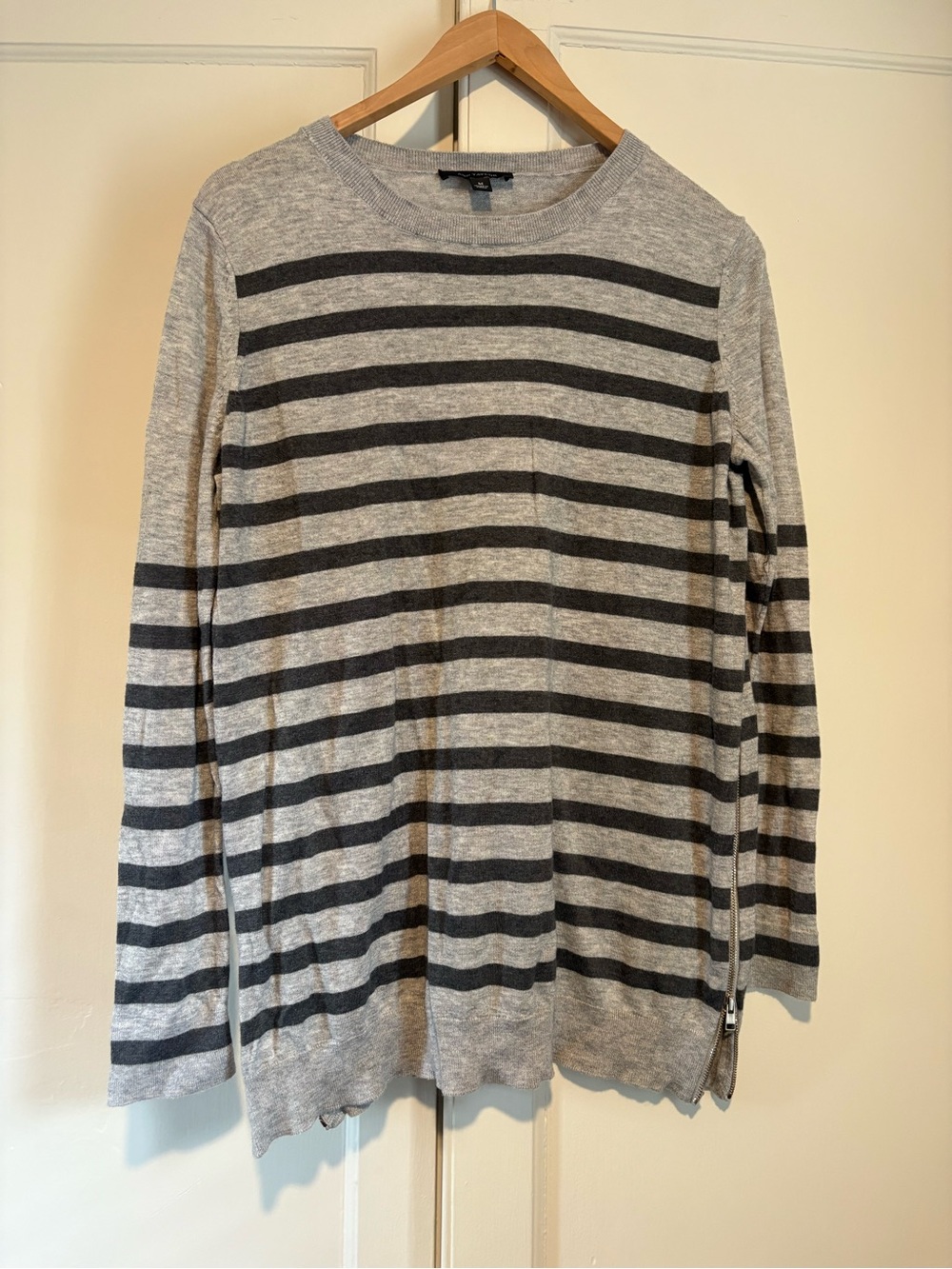 Ann Taylor Lightweight Grey Striped Sweater with Zipper Detail